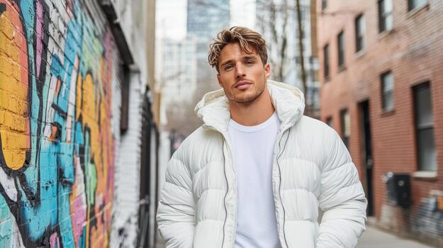 A man in a white puffy jacket standing in front of a graffiti wall photo
