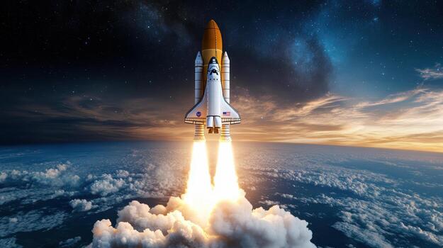 A space shuttle is taking off into the air photo