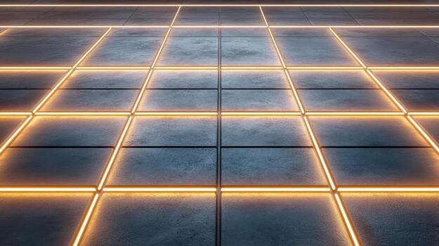 A dark room with a grid of lights photo