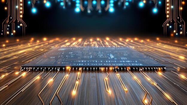 A circuit board on a table with glowing lights photo