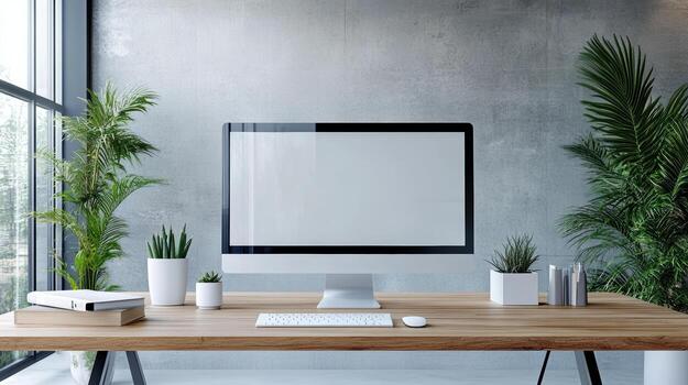 A computer monitor is sitting on a wooden desk next to a plant photo