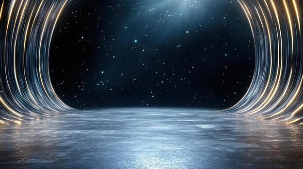 An empty room with a glowing light and a starry sky photo