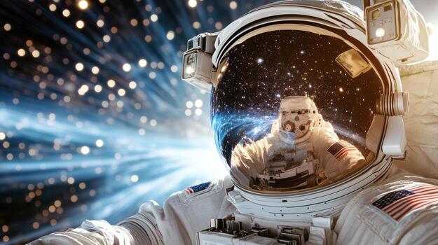 An astronaut in space with a bright light behind him photo