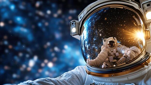 Astronaut in space suit with stars and space background photo