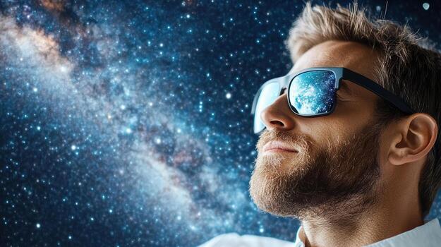 A man wearing sunglasses and looking up at the milky way photo