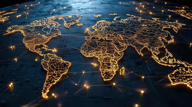 The world map is illuminated by the network of the internet photo