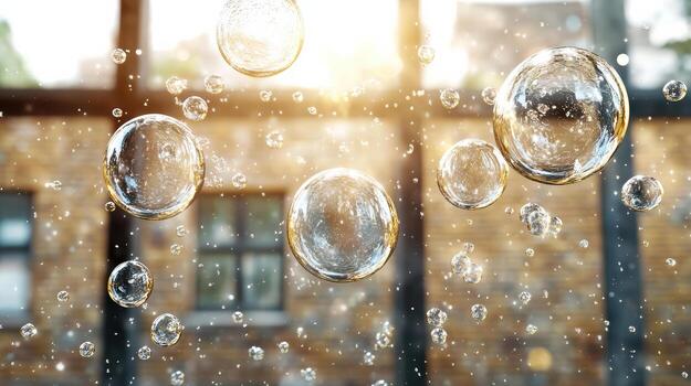 Bubbles floating in the air over a building photo