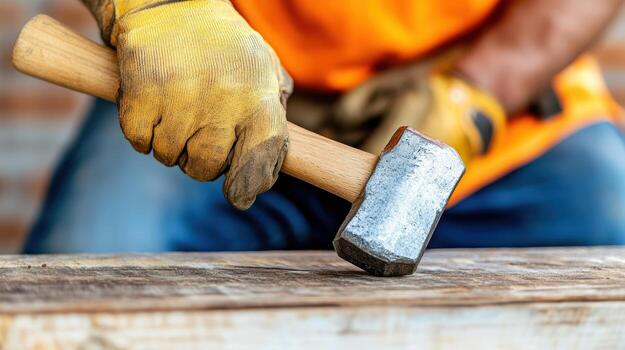 A hammer is being used to break down a piece of wood photo