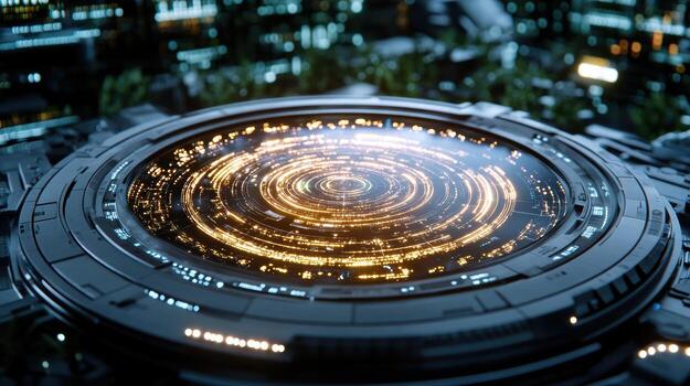 A futuristic city with a circular object in the middle photo