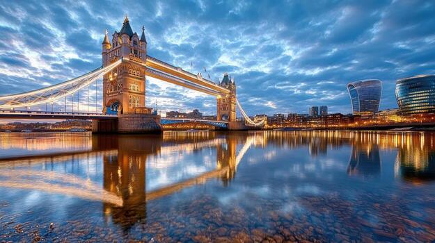 The tower bridge in london is reflected in the water photo