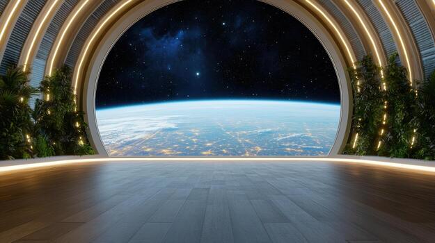 An empty room with a view of earth photo