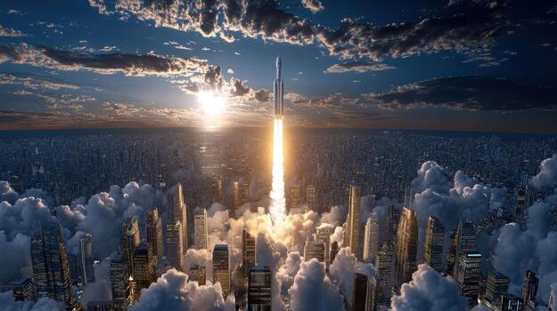 A rocket is flying into the sky over a city photo