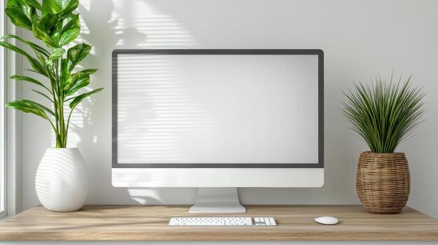 White computer monitor with blank screen on a wooden desk photo