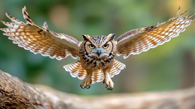 An owl is flying over a tree branch photo