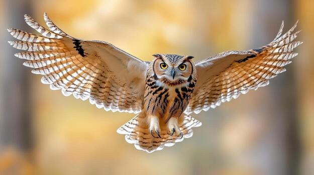 Owl flying in the air with its wings spread photo