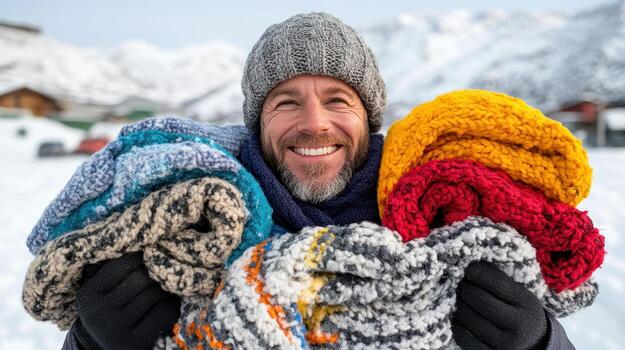A man is holding a bunch of knitted blankets photo