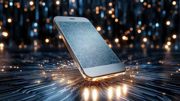 teléfono inteligente con brillante pantalla en un circuito tablero foto