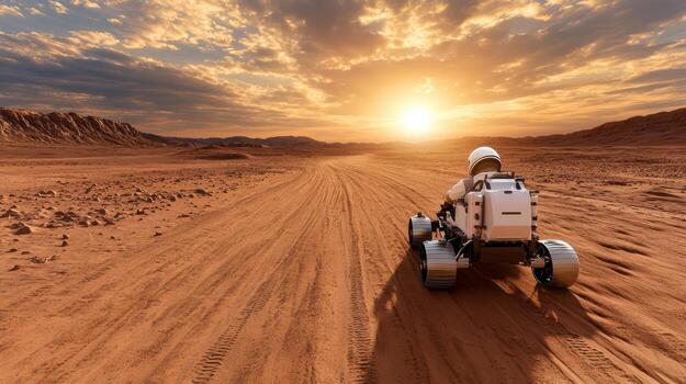 Astronaut driving on the desert at sunset photo