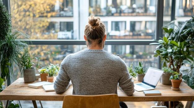 A man sitting at a desk with a laptop and plants photo