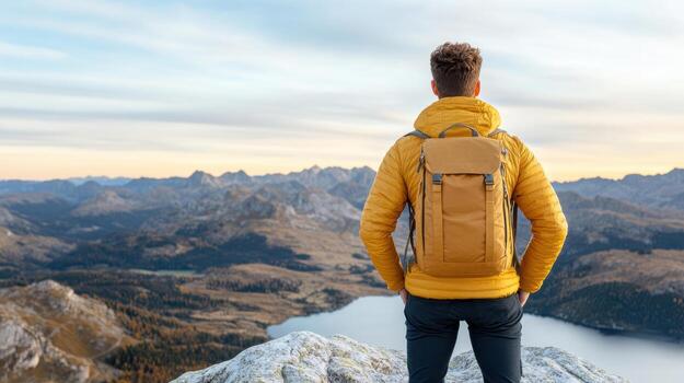 Man with backpack standing on top of mountain looking at the view photo