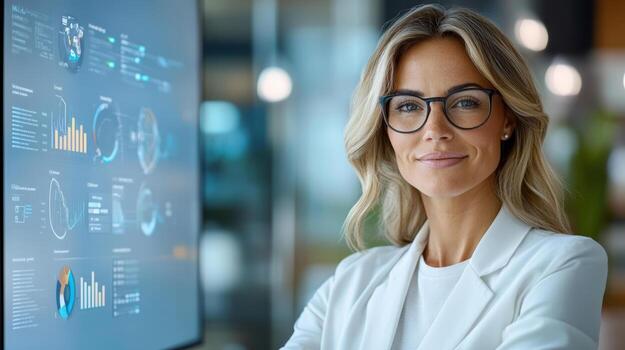 A woman in a business suit is standing in front of a large screen photo