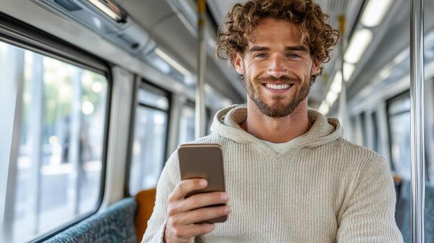 A man with curly hair is smiling while using his phone photo