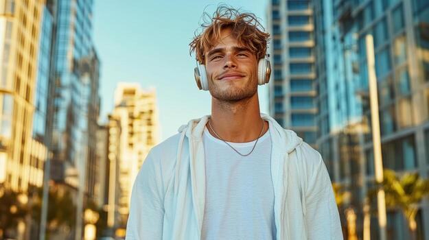 A man with headphones standing in front of tall buildings photo