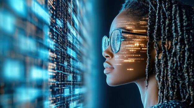 A woman with glasses and braids looking at a computer screen photo