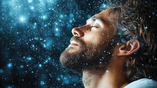A man with his eyes closed and looking up at the stars photo