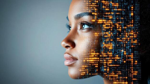 A woman's face is made up of binary code photo