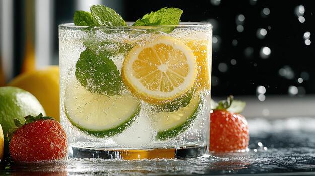 A glass of water with lemon, strawberries and lime photo