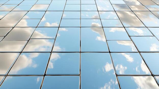 A building with a sky and clouds reflected in the glass photo