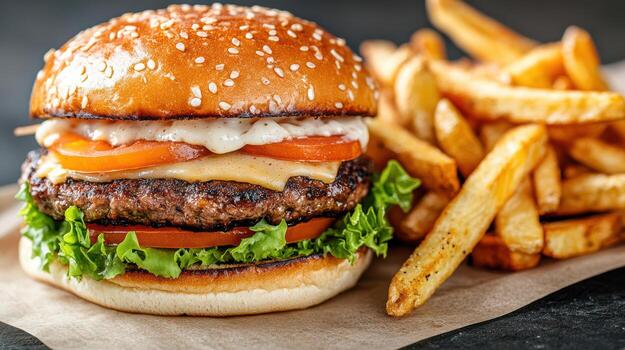 A hamburger with cheese and tomatoes on a paper photo