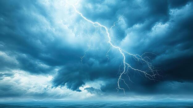 Stormy sky with lightning over ocean photo