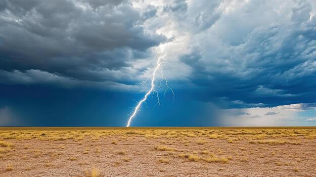 A lightning bolt strikes through the sky over a desert photo