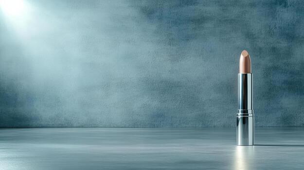 A lipstick is sitting on a table in front of a wall photo