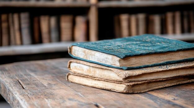 Old books on a wooden table in a library photo