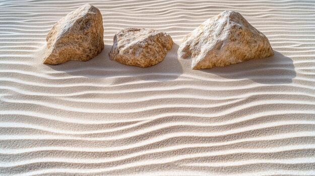 Three rocks in the sand with a wave pattern photo