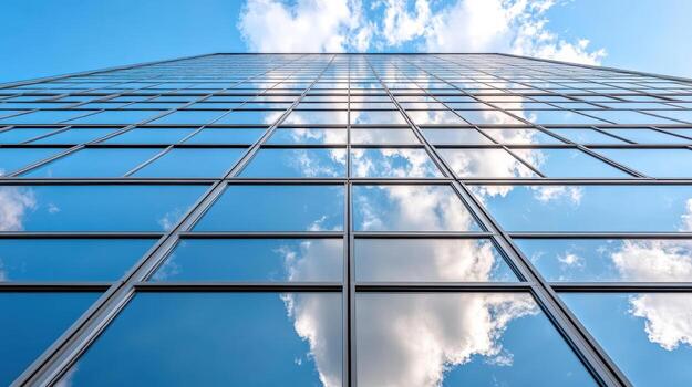 A tall building with a blue sky and clouds reflected in the windows photo