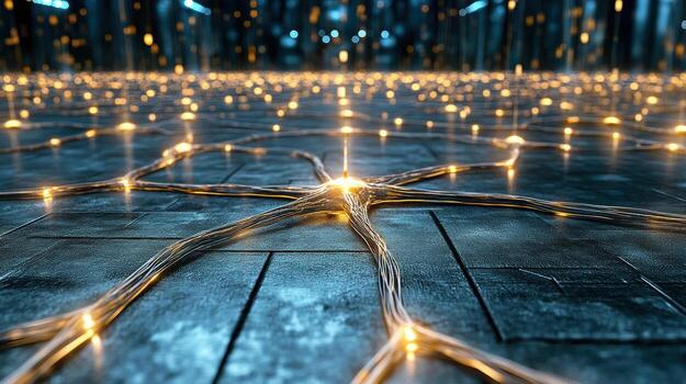A network of wires and lights in a dark room photo