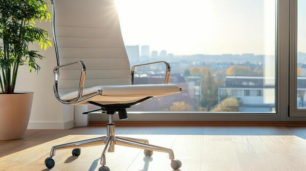 Office chair in front of a window with a city view photo
