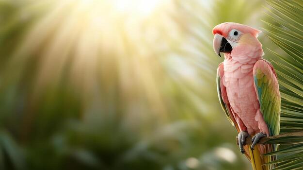 A pink parrot sitting on a palm tree branch photo