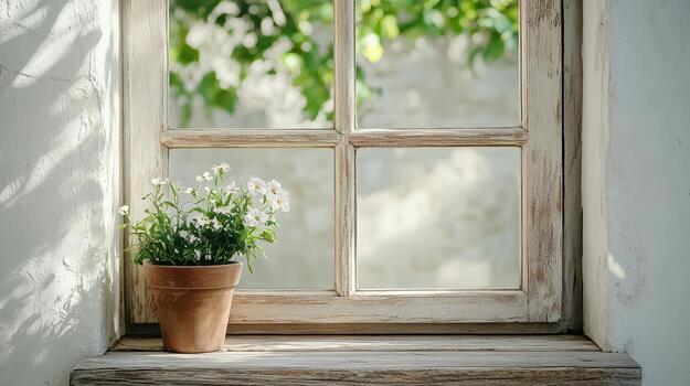 A flower pot sitting on a window sill with a window open photo