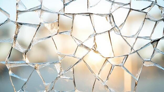 A broken window with the sun shining through it photo