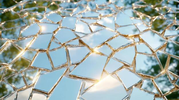 Broken glass with a blue sky in the background photo