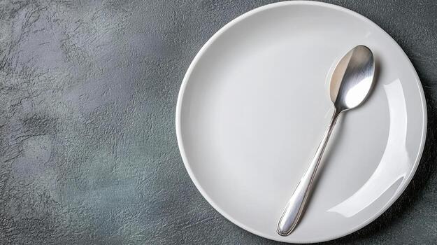 Empty white plate with spoon on gray background photo