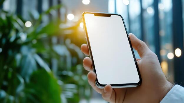 Man holding smartphone with blank screen in office building photo