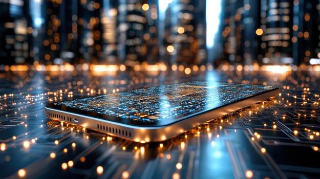 Smartphone on a circuit board with city lights background 3d rendering photo