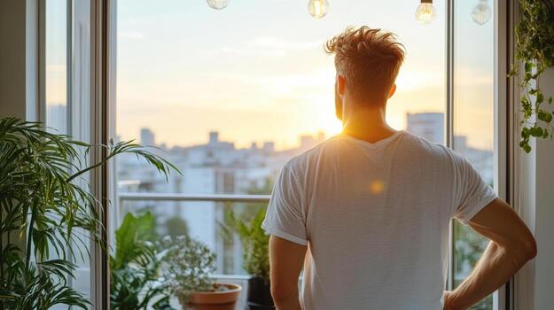 A man standing in front of a window looking out at the city photo