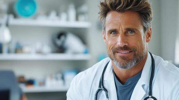 un masculino médico sonriente mientras sentado en frente de un escritorio foto